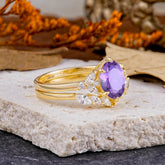 Luxury 6-Prong Oval-Cut Natural Amethyst Engagement Ring Set